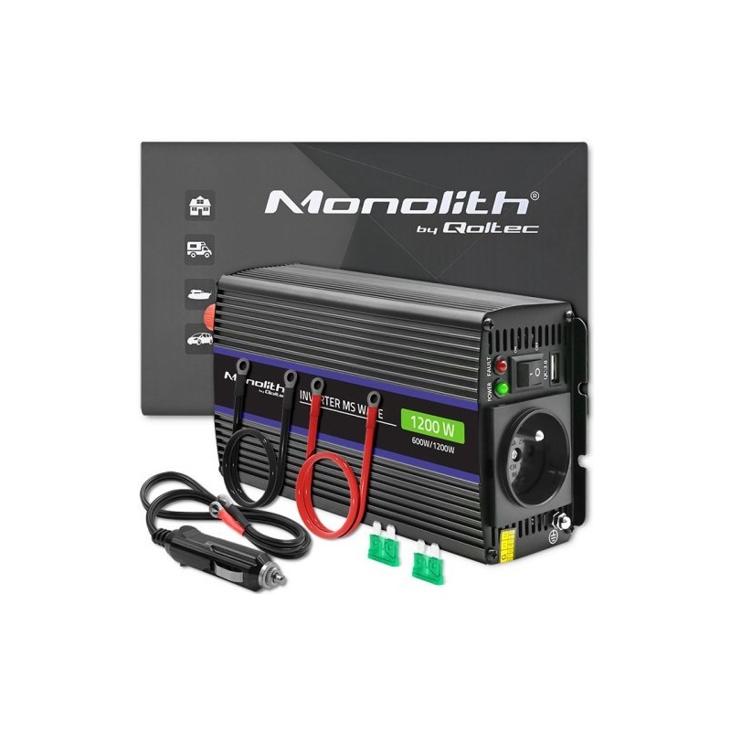 QOLTEC PRZETWORNICA NAPIĘCIA MONOLITH 1200 MS WAVE | 12V NA 230V | 600/1200W | USB QOLTEC PRZETWORNICA NAPIĘCIA MONOLITH 1200 MS WAVE | 12V NA 230V | 600/1200W | USB