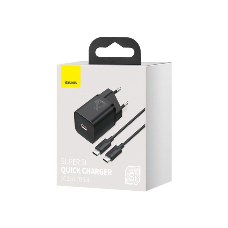 BASEUS ŁADOWARKA SIECIOWA Z KABLEM USB-C DO USB-C TZCCSUP-L01 SUPER SI 1C 25W CZARNA BASEUS ŁADOWARKA SIECIOWA Z KABLEM USB-C DO USB-C TZCCSUP-L01 SUPER SI 1C 25W CZARNA
