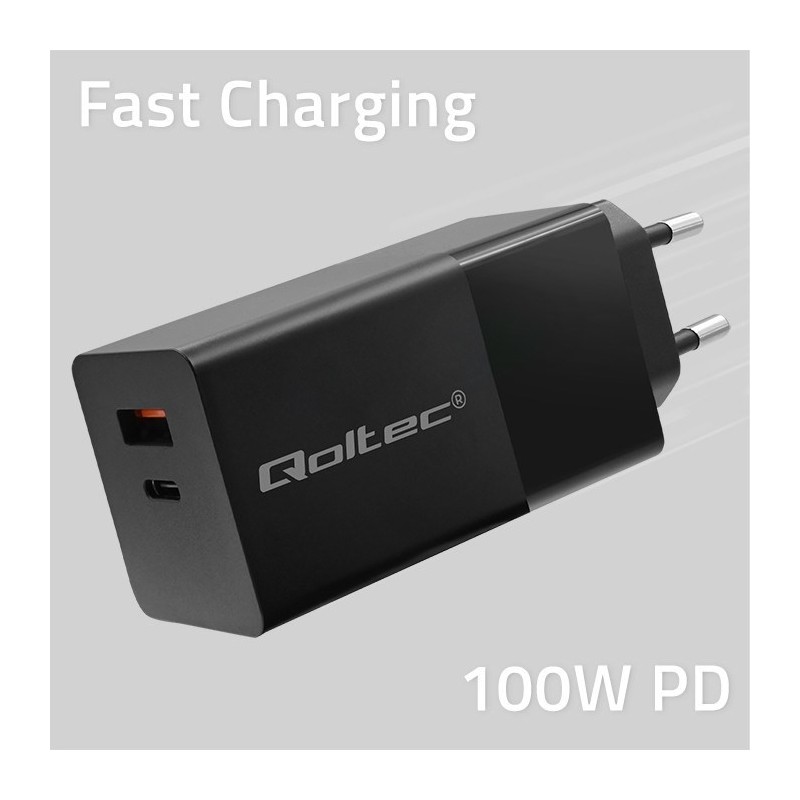 QOLTEC ŁADOWARKA GAN POWER PRO | 1XUSB-C | 1XUSB | 100W | 5-20V | 1.5-5A | PD | CZARNA QOLTEC ŁADOWARKA GAN POWER PRO | 1XUSB-C | 1XUSB | 100W | 5-20V | 1.5-5A | PD | CZARNA