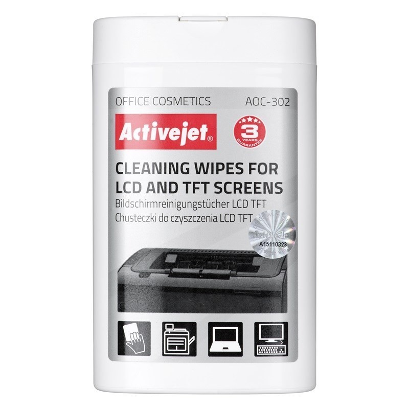 Activejet AOC-302 chusteczki do matryc LCD. (100 szt.) Nawilżane chusteczki do matryc, usuwające wszelkiego rodzaju