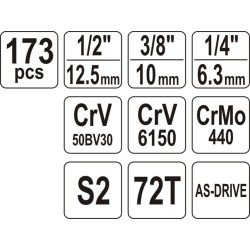 Zestaw kluczy nasadowych 1/2"1/4"3/8 "173szt YT-38931 YATO