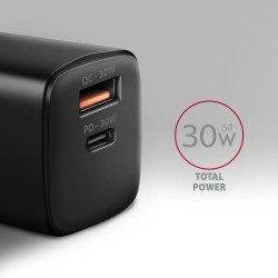 Axagon ACU-PQ30 Ladegerät QC3.0, 4.0/AFC/FCP/PPS/Apple+ PD USB-C, 30W - schwarz - Kompaktes Ladegerät - 1x USB-C und 1x USB-A