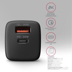 Axagon ACU-PQ30 Ladegerät QC3.0, 4.0/AFC/FCP/PPS/Apple+ PD USB-C, 30W - schwarz - Kompaktes Ladegerät - 1x USB-C und 1x USB-A