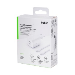 Ładowarka Belkin BoostCharge Pro Dual USB-C PD 3.0 PPS GaN Wall Charger 65W + USB-C to USB-C Cable 2m White