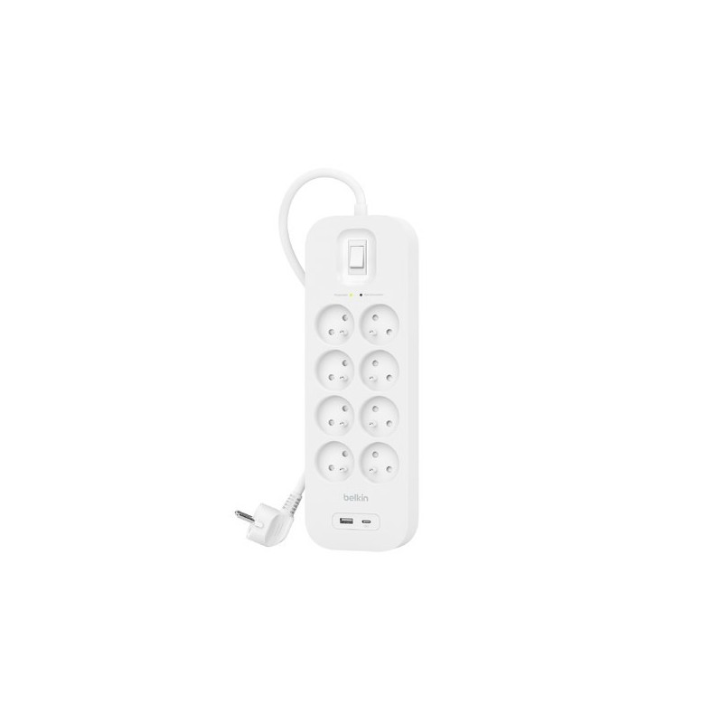 Listwa zasilająca Belkin Power Surge 8-PORT + 1xUSB-A +1xUSB-C 2.4A PD 900J 2m White Listwa zasilająca Belkin Power Surge 8-PORT + 1xUSB-A +1xUSB-C 2.4A PD 900J 2m White