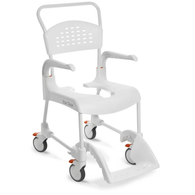 Etac Clean wózek toaletowo-prysznicowy zregulacją wysokości siedziska (47,5 do 60cm)- 4 hamulce, kol. śnieżny biały Etac Clean wózek toaletowo-prysznicowy zregulacją wysokości siedziska (47,5 do 60cm)- 4 hamulce, kol. śnieżny biały