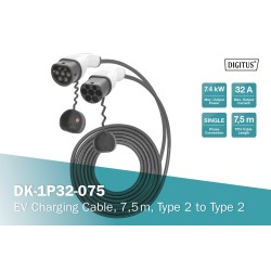 Digitus Kabel do ładowania pojazdów elektrycznych EV, Typ2-Typ2, jednofazowy 230V, 32A, 7.4kW, 7,5m