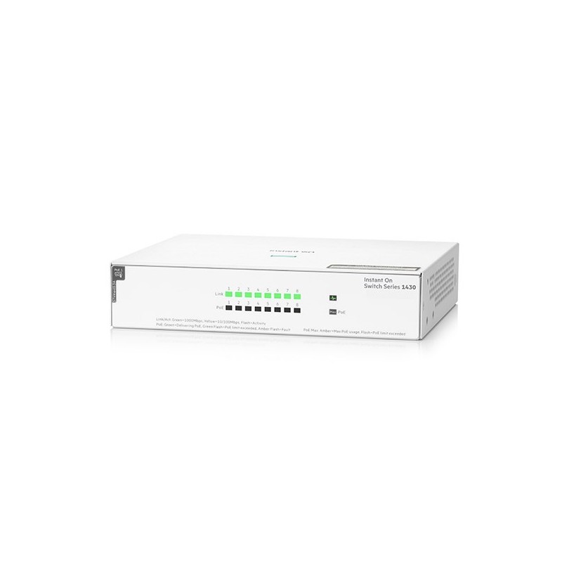 Aruba Instant On 1430 8G Class4 PoE 64W Nie zarządzany L2 Gigabit Ethernet (10/100/1000) Obsługa PoE Biały Aruba Instant On 1430 8G Class4 PoE 64W Nie zarządzany L2 Gigabit Ethernet (10/100/1000) Obsługa PoE Biały