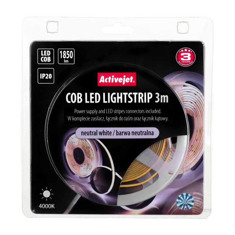 Taśma LED COB 3m z zasilaczem barwa neutralna IP20 Taśma LED COB 3m z zasilaczem barwa neutralna IP20