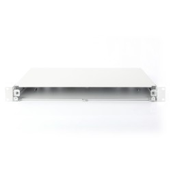Panel krosowy FO bez płyty czołowej 19'' 1U, wysuwany, dławnica PG13.5 i PG16, opaski/uchwyty, szary