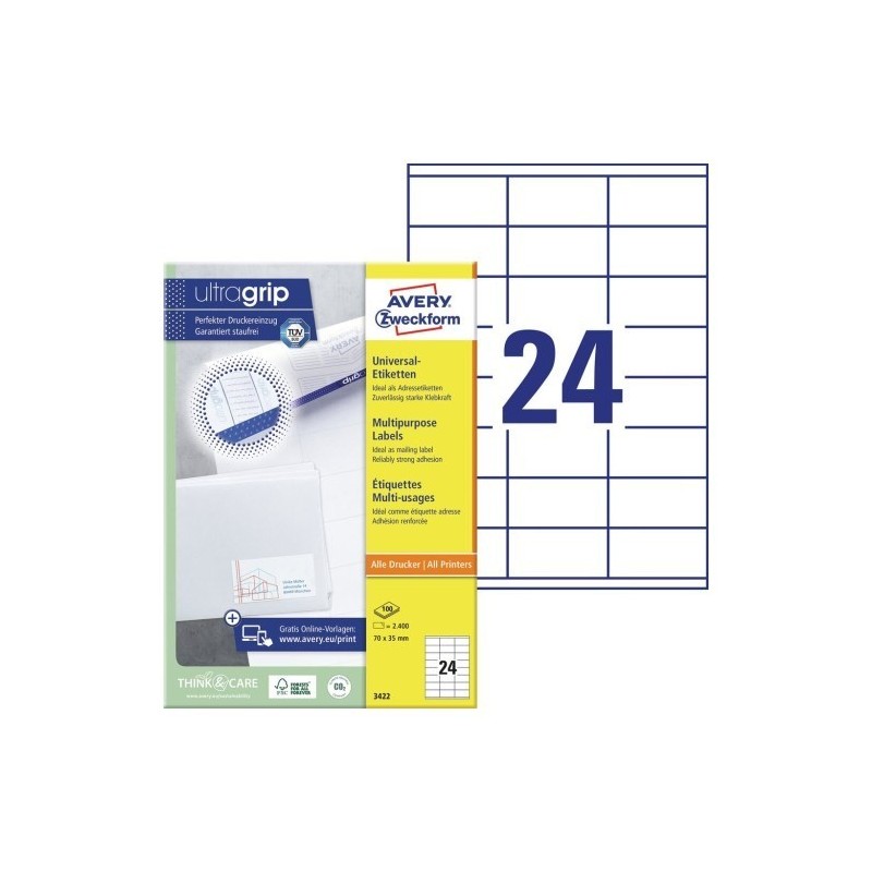Avery 3422 samoprzylepne etykiety Prostokąt Na stałe Biały 2400 szt.