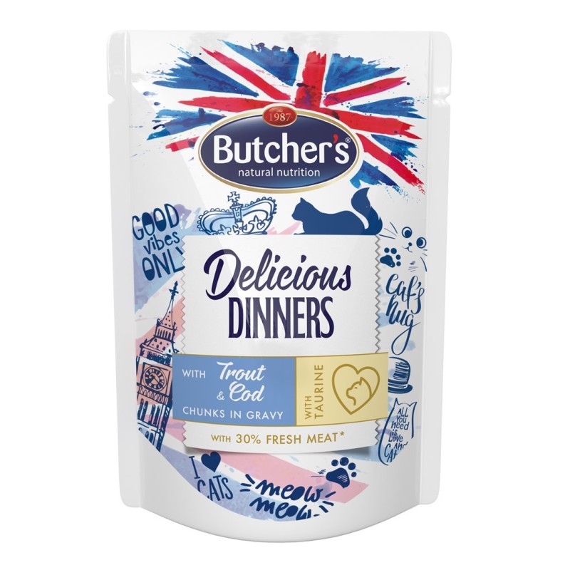 Butcher’s Delicious Dinners Cat z pstrągiem i dorszem - mokra karma dla kota - kawałki w sosie - saszetka 100 g