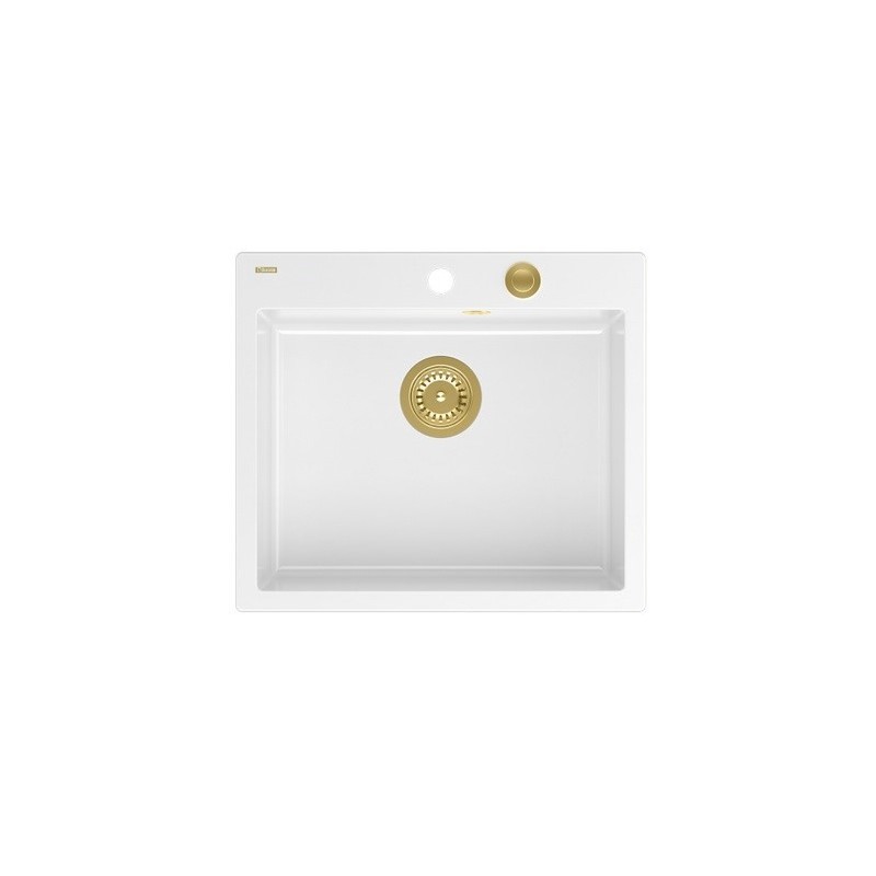 Zlewozmywak granitowy QUADRON MORGAN 110 biały wpuszczany + syfon Push-2-Open w kolorze PVD