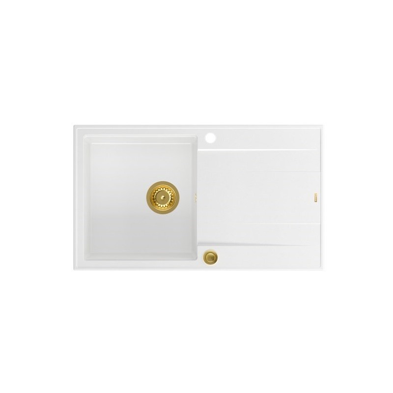 Zlewozmywak granitowy QUADRON EVAN 111 biały wpuszczany + syfon Push-2-Open w kolorze PVD