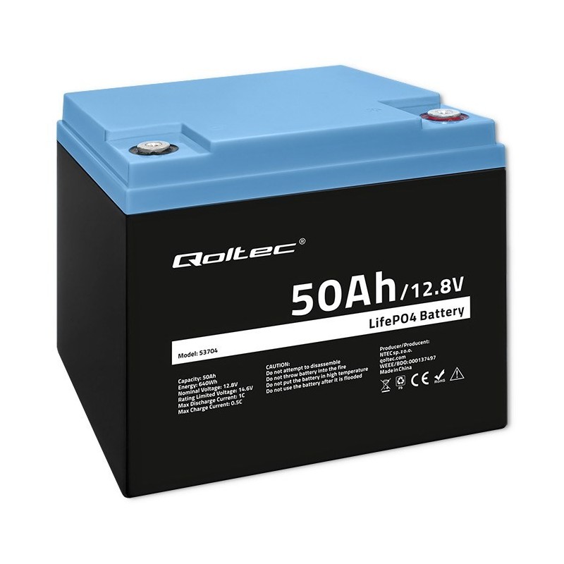 QOLTEC AKUMULATOR LIFEPO4 LITOWO-ŻELAZOWO-FOSFORANOWY | 12.8V | 50AH | 640WH | BMS