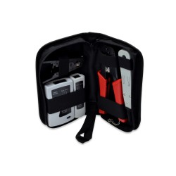Zestaw narzędzi sieciowych (LAN tester RJ11/RJ12/RJ45, zaciskarka, stripper, narzędzie uderzeniowe)