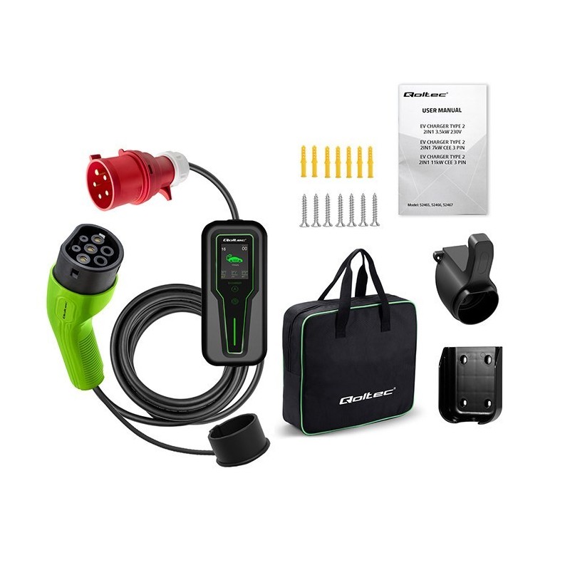 Qoltec Mobilna ładowarka do samochodu elektrycznego EV z regulacją 2w1 Typ2 | 7kW | CEE 3 PIN | 230V | LCD | Przenośna | Wallbox Qoltec Mobilna ładowarka do samochodu elektrycznego EV z regulacją 2w1 Typ2 | 7kW | CEE 3 PIN | 230V | LCD | Przenośna | Wallbox