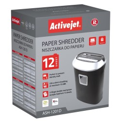 Niszczarka Activejet ASH-1201D, P-3, 25 l, ścinki 5x38 mm, 12 kartek, czarno-srebrna.