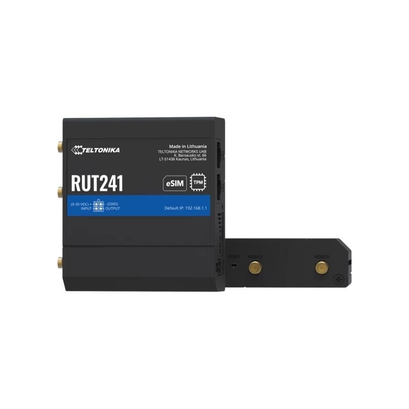 Przemysłowy router Teltonika RUT241 eSIM 4G LTE Cat 4, 2x RJ45 100Mb/s Przemysłowy router Teltonika RUT241 eSIM 4G LTE Cat 4, 2x RJ45 100Mb/s