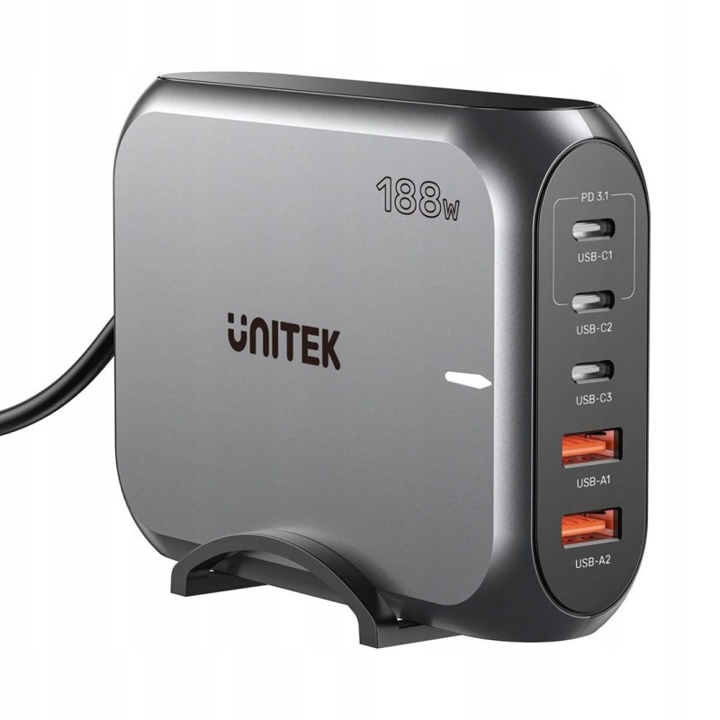 UNITEK ŁADOWARKA SIECIOWA 2X USB-A 3X USB-C GAN PD 3.1 188W UNITEK ŁADOWARKA SIECIOWA 2X USB-A 3X USB-C GAN PD 3.1 188W