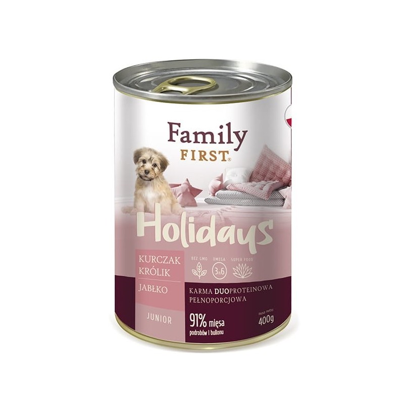 FAMILY FIRST Holidays Junior Kurczak, królik, jabłko - mokra karma dla psa - 400 g