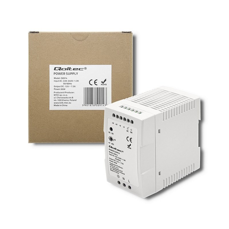 QOLTEC ZASILACZ NA SZYNĘ DIN 90W | 12V | 7.5A | BIAŁY | SLIM QOLTEC ZASILACZ NA SZYNĘ DIN 90W | 12V | 7.5A | BIAŁY | SLIM