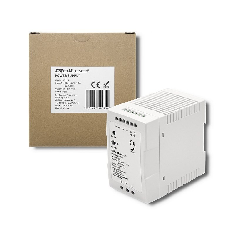 QOLTEC ZASILACZ NA SZYNĘ DIN 96W | 24V | 4A | BIAŁY | SLIM QOLTEC ZASILACZ NA SZYNĘ DIN 96W | 24V | 4A | BIAŁY | SLIM