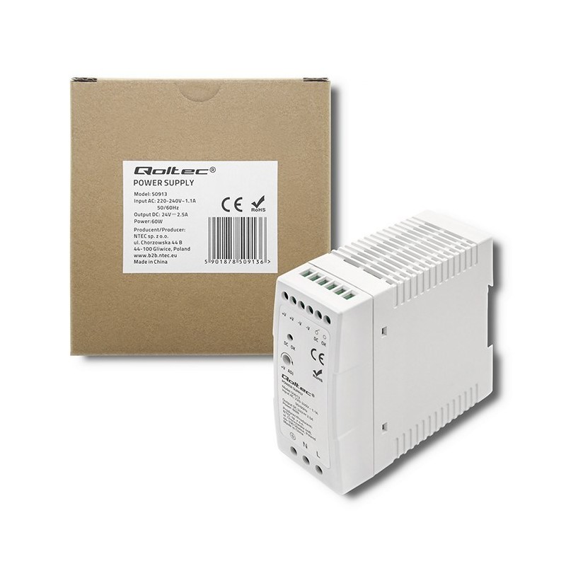 Zasilacz na szynę DIN Qoltec 50913 60W 24V 2.5A Biały Slim Zasilacz na szynę DIN Qoltec 50913 60W 24V 2.5A Biały Slim