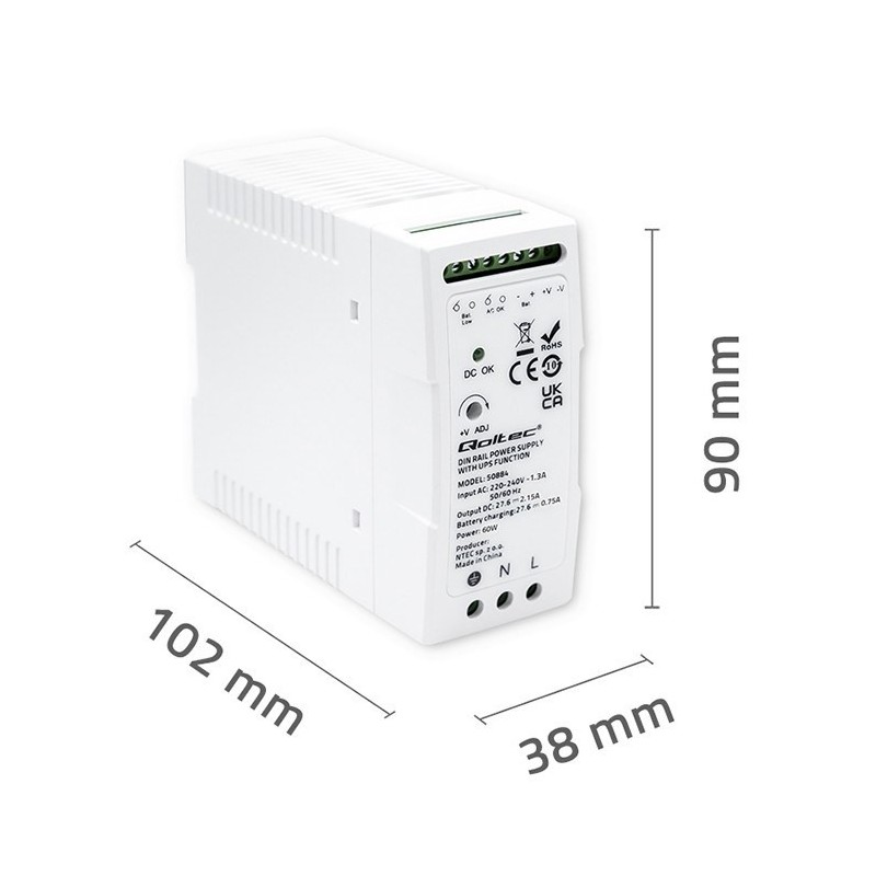 QOLTEC ZASILACZ NA SZYNĘ DIN Z FUNKCJĄ UPS | 60W QOLTEC ZASILACZ NA SZYNĘ DIN Z FUNKCJĄ UPS | 60W