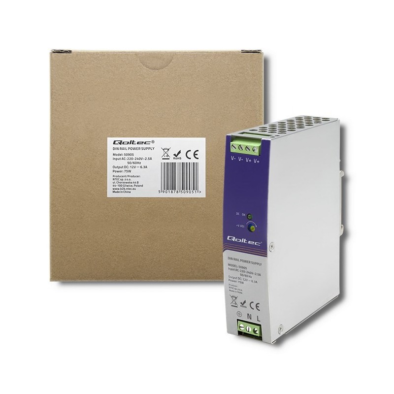 QOLTEC ZASILACZ NA SZYNĘ DIN PRZEMYSŁOWY | 75W | 12V | 6.3A QOLTEC ZASILACZ NA SZYNĘ DIN PRZEMYSŁOWY | 75W | 12V | 6.3A