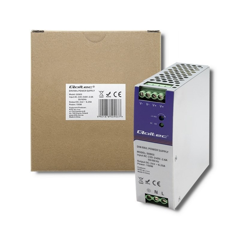 QOLTEC ZASILACZ NA SZYNĘ DIN PRZEMYSŁOWY | 150W | 24V | 6.25A QOLTEC ZASILACZ NA SZYNĘ DIN PRZEMYSŁOWY | 150W | 24V | 6.25A