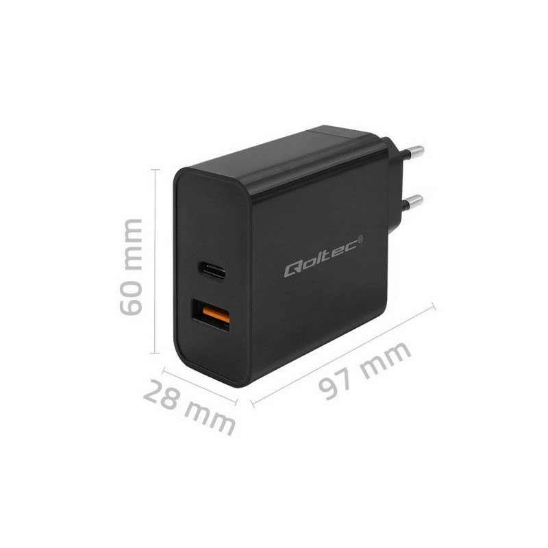 QOLTEC ŁADOWARKA SUPER QUICK PD | 1XUSB-C | 1XUSB | 65W | 5-20V | 1.5-3.25A | CZARNA QOLTEC ŁADOWARKA SUPER QUICK PD | 1XUSB-C | 1XUSB | 65W | 5-20V | 1.5-3.25A | CZARNA