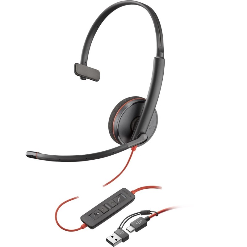 Poly Blackwire 3210 Monaural USB-C Headset +USB-C/A Adapter Poly Blackwire 3210 Monaural USB-C Headset +USB-C/A Adapter