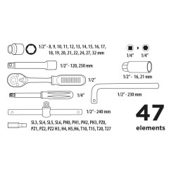 Klucze nasadowe Top Tools 1/4", 1/2" zestaw 47 sztuk