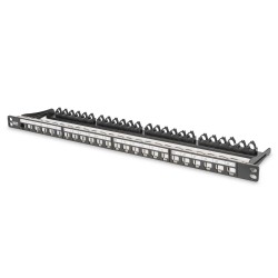 Panel krosowy high density 19" 24x keystone, ekranowany, 0.5U, czarny, prowadnica kabli, pola opisowe