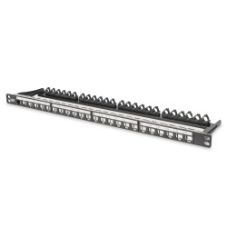 Panel krosowy high density 19" 24x keystone, ekranowany, 0.5U, czarny, prowadnica kabli, pola opisowe