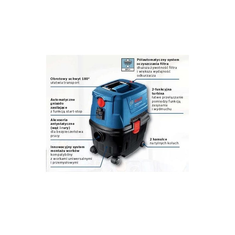BOSCH ODKURZACZ 1100W 15L GAS 15 PS AUTOMATYCZNE GNIAZO ZASILAJĄCE