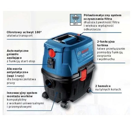 BOSCH ODKURZACZ 1100W 15L GAS 15 PS AUTOMATYCZNE GNIAZO ZASILAJĄCE