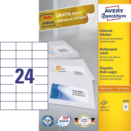 Avery 3474 samoprzylepne etykiety Prostokąt Na stałe Biały 2400 szt.
