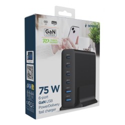 GEMBIRD 6-PORTOWA SZYBKA ŁADOWARKA SIECIOWA GAN (PD) 6XUSB (2X USB-A + 4X USB-C), 75W, CZARNA