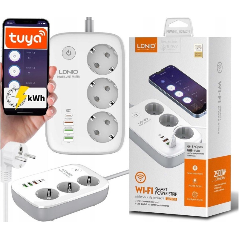 LDNIO listwa zasilająca SEW3452 WIFI 3xgn. 4xUSB