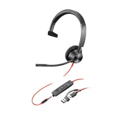 POLY Jednouszny zestaw słuchawkowy Blackwire 3315 USB-C z certyfikatem Microsoft Teams + wtyczka 3,5 mm + przejściówka USB-C/A