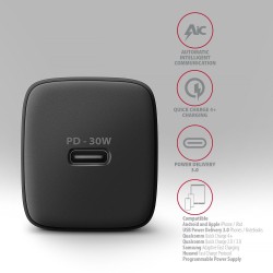 Axagon ACU-PD30 kroviklis jungiama tinkl PD 30W, 1x port USB-C, PD3.0/QC3.0/AFC/FCP/Apple Juoda Telefon komórkowy, Smartfon,