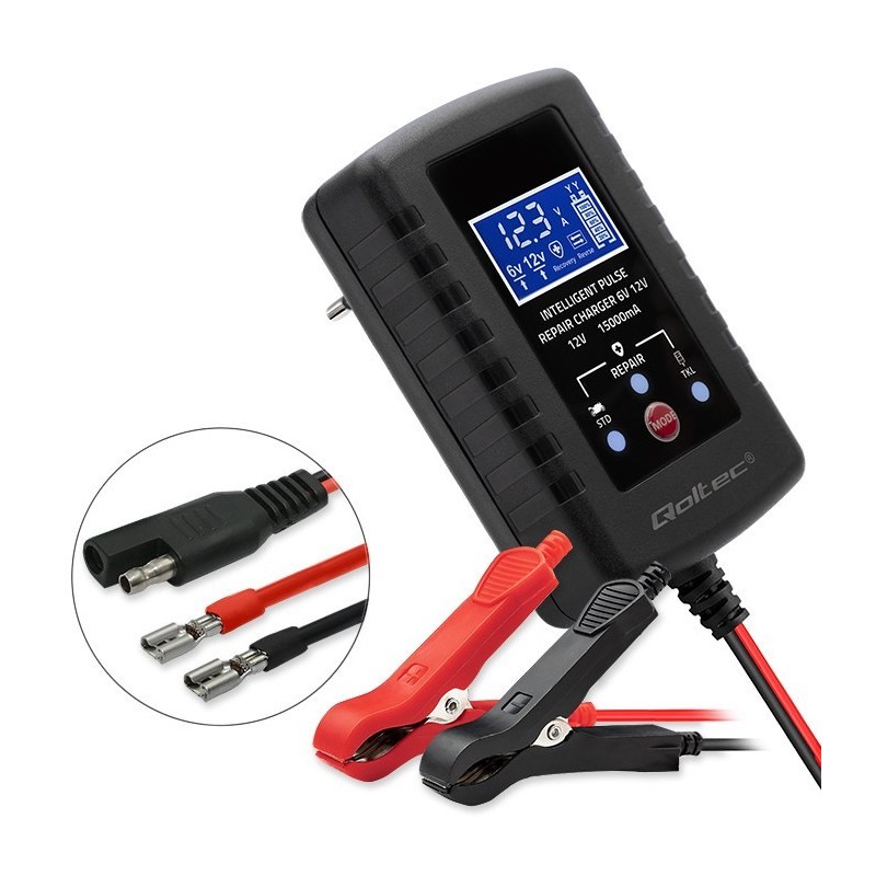 Qoltec 52426 Automatyczna ładowarka do akumulatora AGM GEL STD 6V/12V| 2A | Prostownik z funkcją naprawy i wyświetlaczem LED