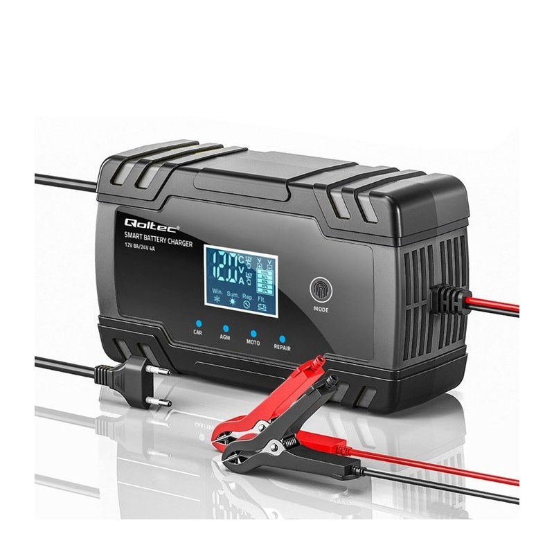 Qoltec 52490 Inteligentna mikroprocesorowa ładowarka 12V 8A | 24V 4A| Prostownik z funkcją naprawy do akumulatora AGM GEL | LCD Qoltec 52490 Inteligentna mikroprocesorowa ładowarka 12V 8A | 24V 4A| Prostownik z funkcją naprawy do akumulatora AGM GEL | LCD