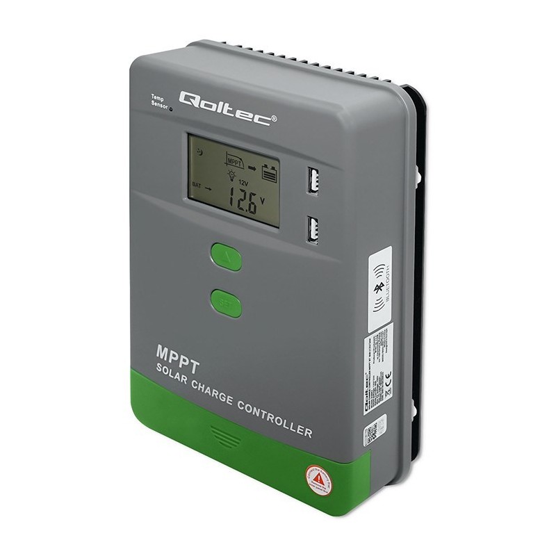 Solarny regulator ładowania MPPT z czujnikiem temperatury Qoltec 30A 12V/24V LCD 2xUSB Bluetooth APP GEL LiFePO4