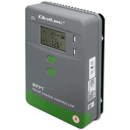 Solarny regulator ładowania MPPT z czujnikiem temperatury Qoltec 30A 12V/24V LCD 2xUSB Bluetooth APP GEL LiFePO4