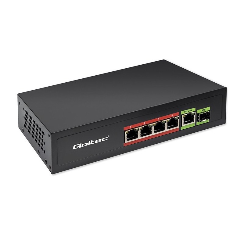 Qoltec Przełącznik sieciowy SWITCH FAST Ethernet PoE 4x RJ45 PoE 1x RJ45 Uplink 1x SFP | 65W | 1000 Mb