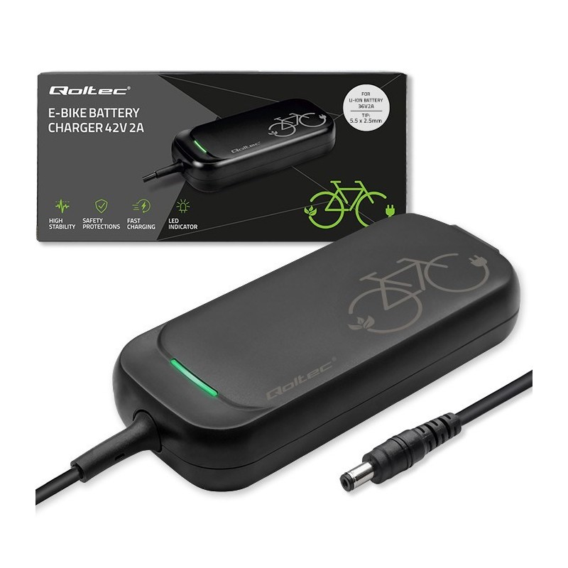 Qoltec Szybka Ładowarka do roweru skutera elektrycznego 36V | 42V | 2A | 5.5*2.5 | wodoodporna +kabel zasilający