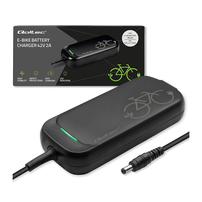 Qoltec Szybka Ładowarka do roweru skutera elektrycznego 36V | 42V | 2A | 5.5*2.1 | wodoodporna +kabel zasilający